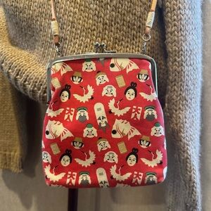 Wabisuke Japan Red Gamaguchi Crossbody Bag Crane & Lucky Mask Print